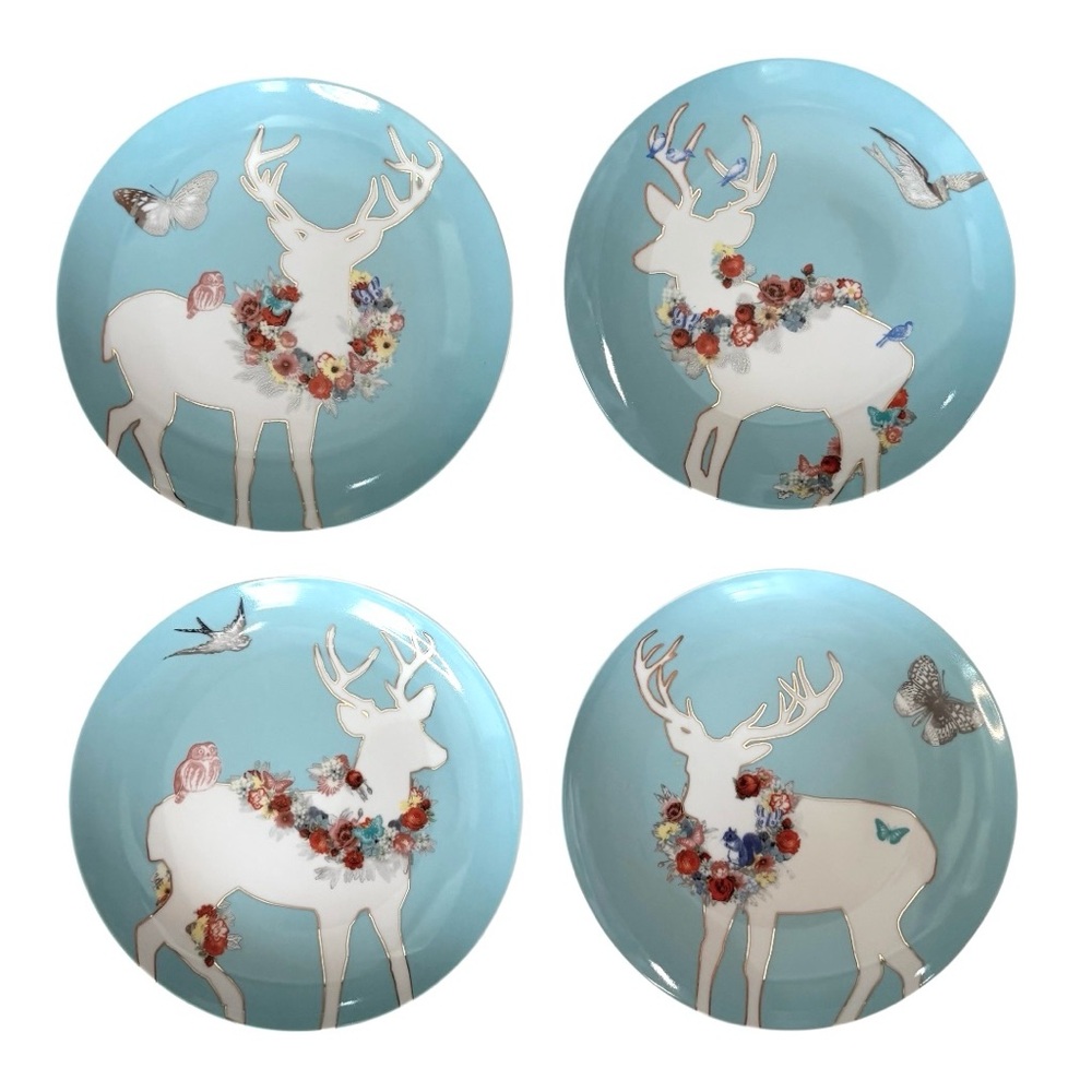 Rosanna Porcelain Dessert Plate 8” Set of 4 Deer Bird Blue Gold Floral Fauna Red